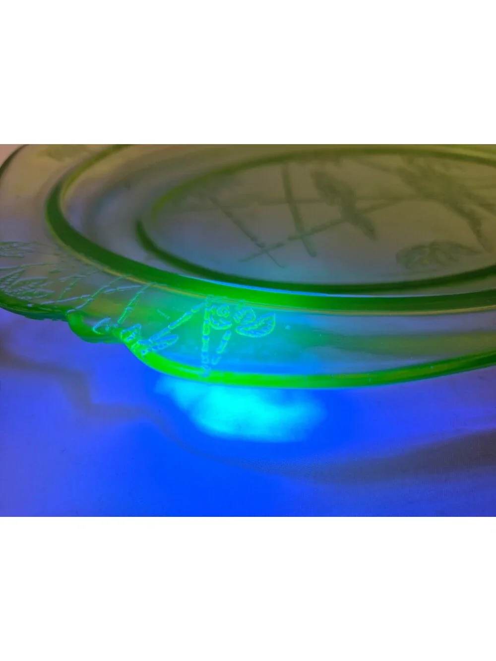 Vintage Federal Glass Green Depression Platter with Floral and Bird Etching, J16